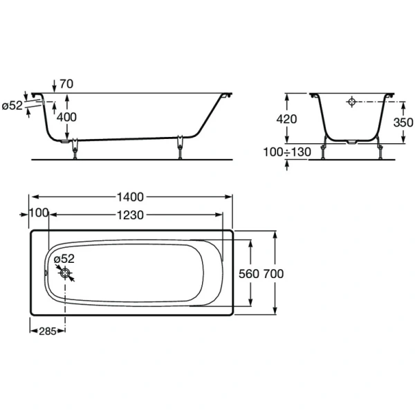 ванна чугунная roca continental 212904001 140x70 см, белый