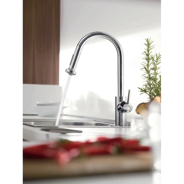смеситель однорычажный для кухни с выдвижным душем hansgrohe talis m52 14877000, хром