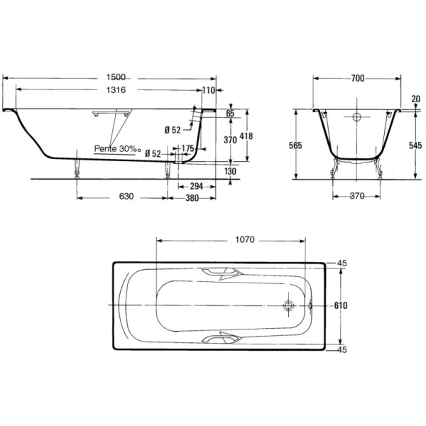 ванна чугунная jacob delafon prelude e2944-00 150x70 см, с отверстиями под ручки, антискользящим покрытием, белый
