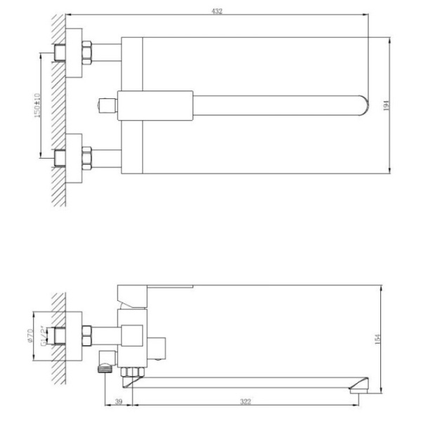 смеситель для ванны haiba hb22803-7 универсальный, черный матовый
