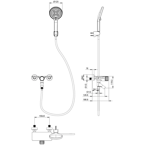 смеситель для ванны wonzon & woghand click ww-fe05l221-bgg с душевым гарнитуром, темный графит матовый