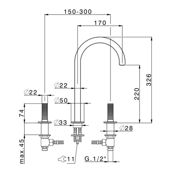 cisal x32 смеситель для раковины, 3 отв., цвет: brushed stainless steel