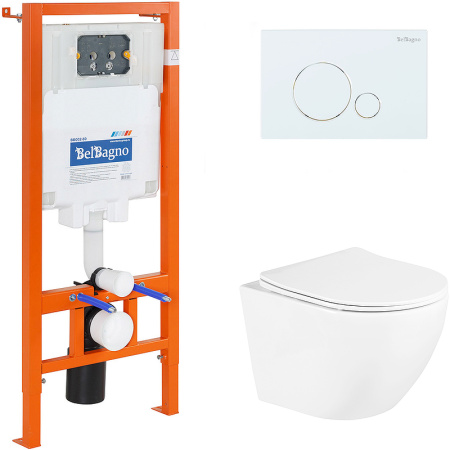 Комплект унитаза с инсталляцией BelBagno Uno BB3105CHR/SC/BB002-80/BB014-SR-BIANCO с сиденьем микролифт и Белой клавишей смыва