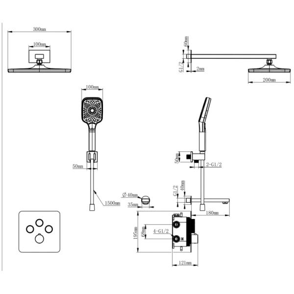 душевой комплект wonzon & woghand ww-b4005-mb 300x200 мм, с термостатом, черный матовый