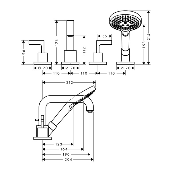 смеситель axor citterio на борт ванны, на 4 отв., с ручкой: рычаг, с ручным душем, цвет: шлифованная медь