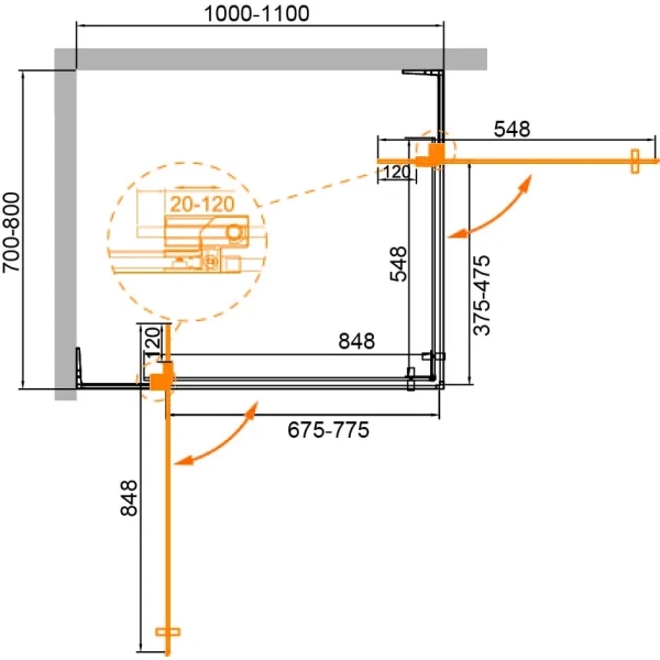 душевой уголок cezares slider slider-ah-2-70/80-100/110-br-boro 100-110x70-80 см, профиль золотой матовый, стекло бронза