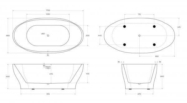 акриловая ванна belbagno bb403-1700-850