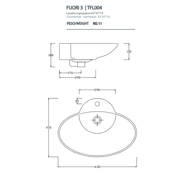 artceram washbasins fuori 3 раковина 63х47 см, 1 отв., накладная, цвет: белый