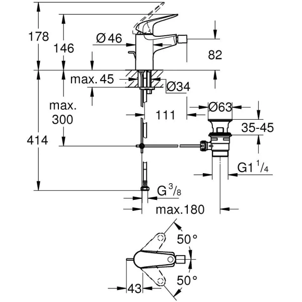 смеситель grohe euroeco 23263001 для биде, с донным клапаном, хром