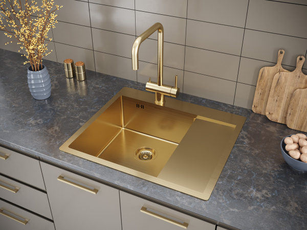 кухонная мойка paulmark kroner 59f pm225951-bgl, левая, цвет золотой матовый