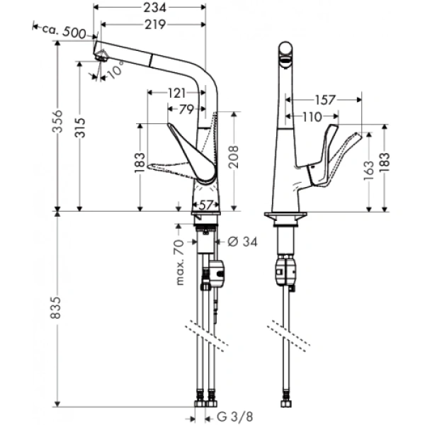 смеситель для кухни hansgrohe metris m71 14821000, хром