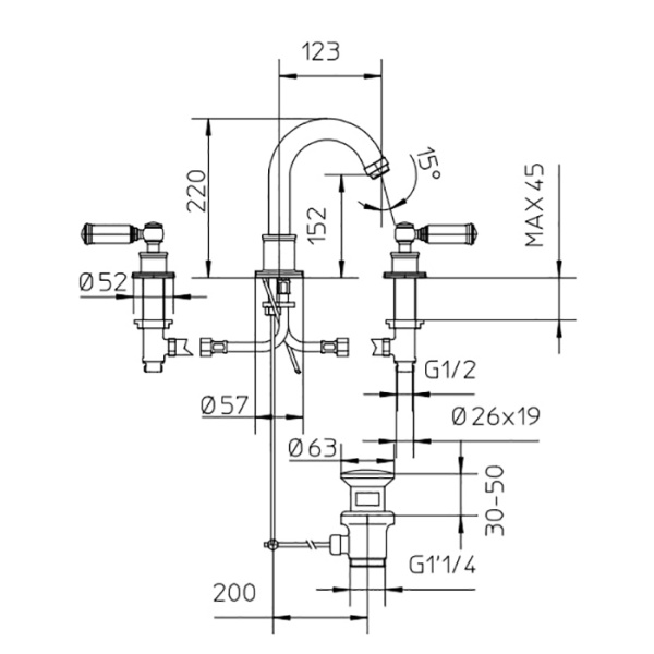смеситель для раковины bossini liberty z001302.022 на 3 отв., цвет: античная бронза
