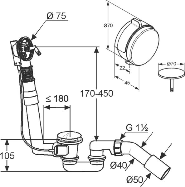 слив-перелив для ванны kludi rotexa multi 2120005n-00 с наполнением, хром