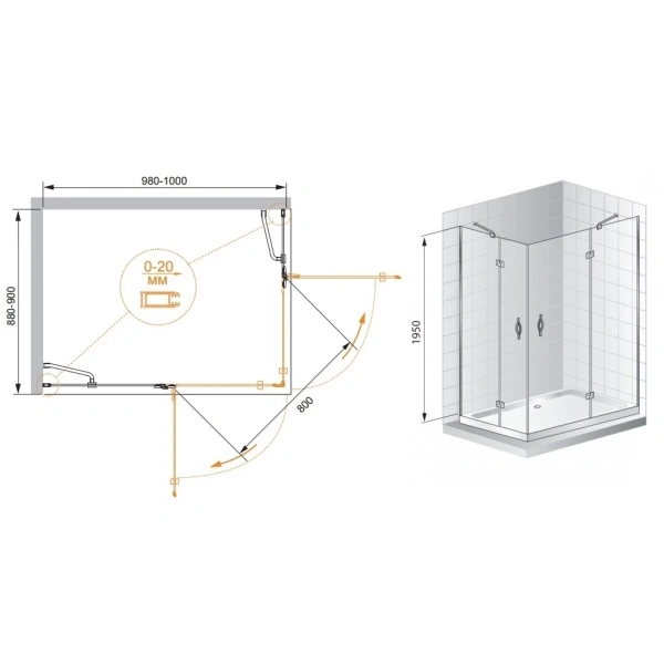душевой уголок cezares bergamo-w-ah-2-100/90-c-cr-l профиль хром стекло прозрачное