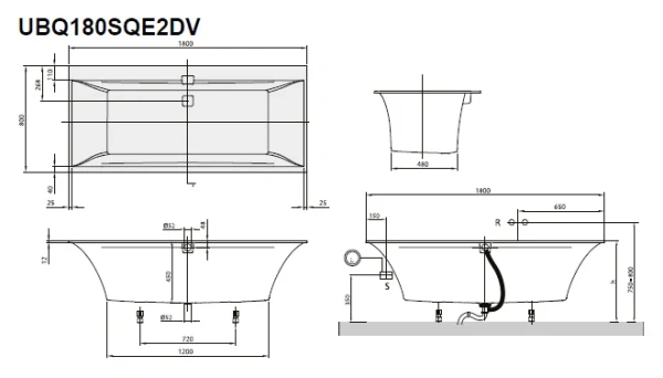 квариловая ванна villeroy & boch squaro edge 12 ubq180sqe2dv-01 180x80 см, встраиваемая, цвет альпийский белый, на ножках, со сливом-переливом