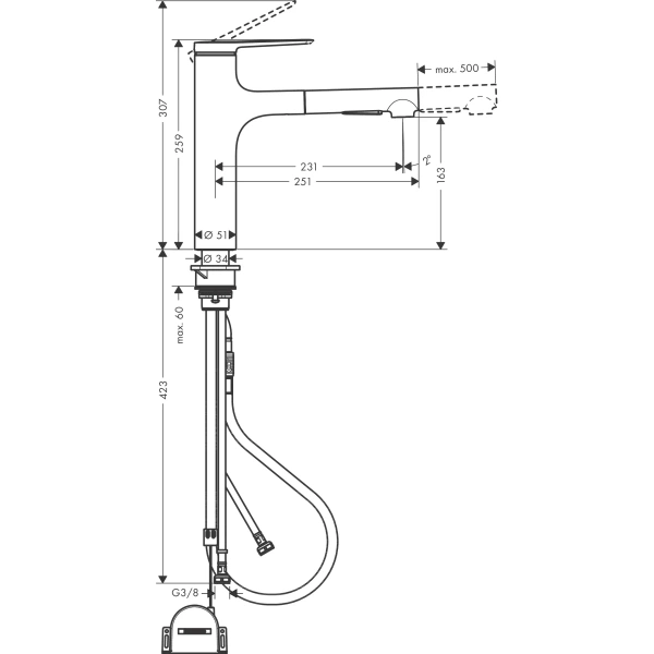смеситель для кухни hansgrohe zesis m33 sbox lite 74804000, хром