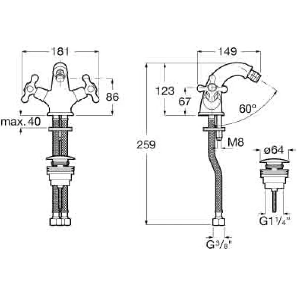 смеситель roca carmen 5a6a4bc00 для биде, с донным клапаном, хром