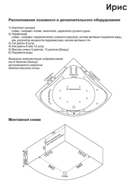 акриловая ванна bas ирис 150х150 (вг00086), гидромассажная