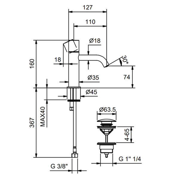 смеситель для раковины fantini nostromo small 50 13 g904f донный клапан, черный матовый