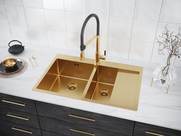 кухонная мойка paulmark kroner 78/2sf pm227851-bgl, левая, цвет золотой матовый.