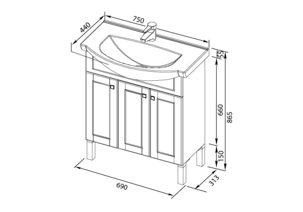 тумба под раковину aquanet честер 75 белый/серебро, 00182629