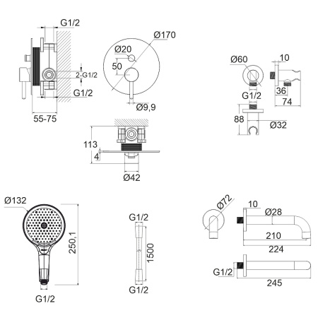 смеситель для ванны whitecross y black yset06topbl черный матовый