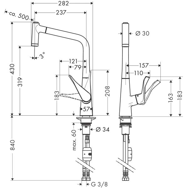 смеситель hansgrohe metris m71 14780800 для кухни, выдвижной излив, сталь