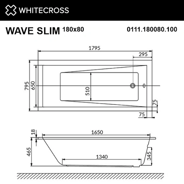акриловая ванна whitecross wave slim 180x80 0111.180080.100 без гидромассажа