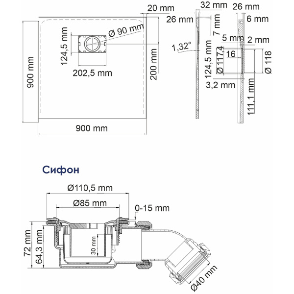 душевой поддон из стеклопластика wasserkraft main 90×90 41t03 белый матовый
