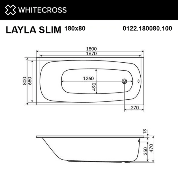 акриловая ванна whitecross layla slim 180x80 0122.180080.100 без гидромассажа