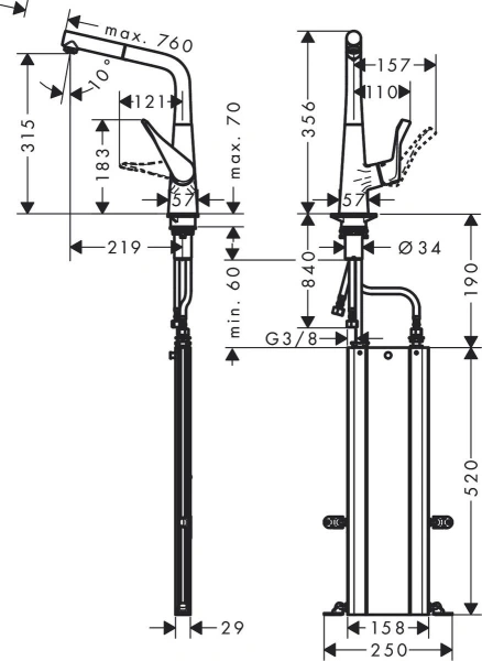 смеситель для кухни hansgrohe metris m71 73828000, хром