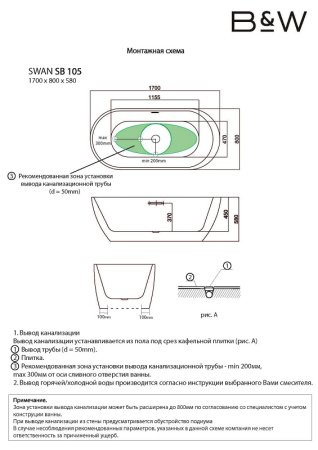 акриловая ванна black&white black swen sb105 black 170x80см, без гидромассажа