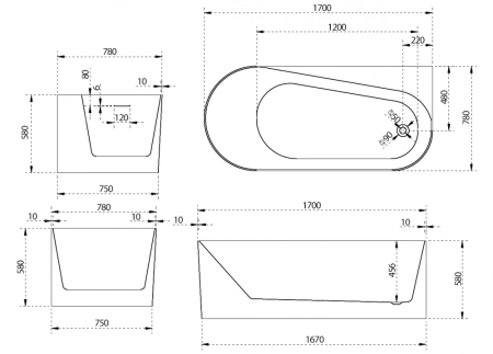 акриловая ванна abber ab9496-1.7 r 170x78 см, левая, цвет белый