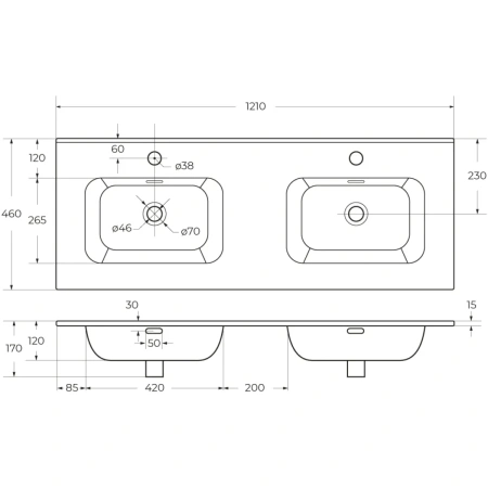 раковина cezares duet czr-8095-120-2 121x46 см, накладная, двойная, цвет белый
